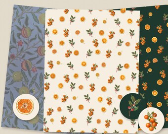 Printable Christmas Wrapping Paper, William Morris Pomegranate & Vintage Citrus Holly Gift Wrap, Box Toppers, Digital Download