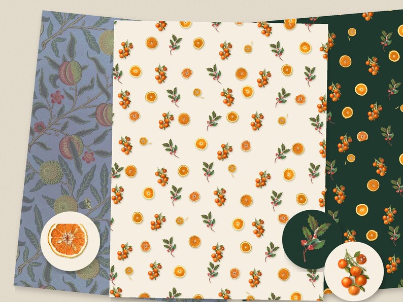 May include: Three sheets of patterned paper featuring botanical illustrations. The left sheet is blue with fruit and foliage. The center sheet is cream with orange slices and berries. The right sheet is dark green with orange clusters.