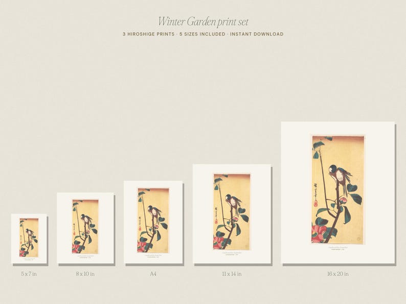 Hiroshige Print Set of 3, Vintage Japanese Bird and Camellia Wall Art, Printable Winter Botanical Prints, 5x7 8x10 11x14 16x20 A4 image 6