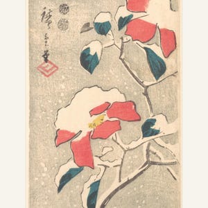 Lámina de gorrión y camelia de nieve de Hiroshige, arte mural japonés vintage de invierno, decoración navideña imprimible, 5x7 8x10 11x14 16x20 A4 imagen 3