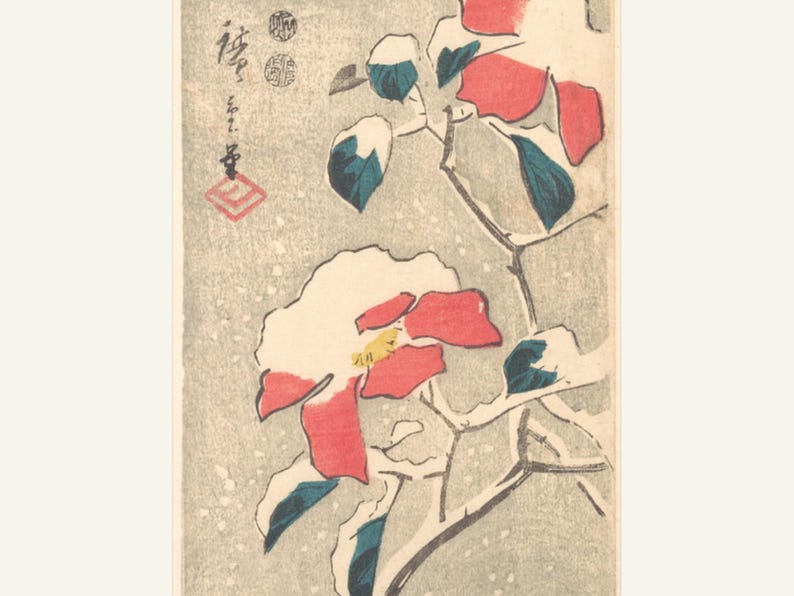 Lámina de gorrión y camelia de nieve de Hiroshige, arte mural japonés vintage de invierno, decoración navideña imprimible, 5x7 8x10 11x14 16x20 A4 imagen 3