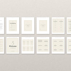 May include: A collection of twelve printable sheets for a Friendsgiving event, featuring beige rectangular cards with black text, including menus, place cards, conversation starters, and a welcome sign with a pear illustration.