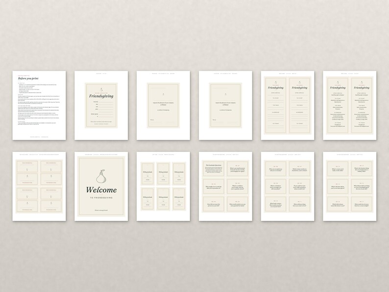 May include: A collection of twelve printable sheets for a Friendsgiving event, featuring beige rectangular cards with black text, including menus, place cards, conversation starters, and a welcome sign with a pear illustration.