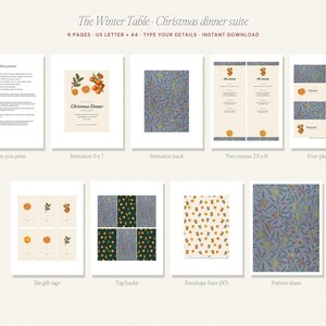 Christmas Dinner Invitation Suite, Editable Printable Invitation Menu Place Cards Gift Tags, Vintage Citrus Holly William Morris image 5