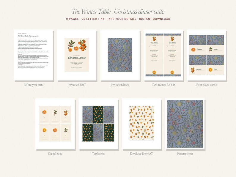 Christmas Dinner Invitation Suite, Editable Printable Invitation Menu Place Cards Gift Tags, Vintage Citrus Holly William Morris image 5