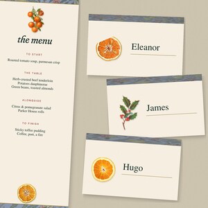 Christmas Dinner Invitation Suite, Editable Printable Invitation Menu Place Cards Gift Tags, Vintage Citrus Holly William Morris image 3
