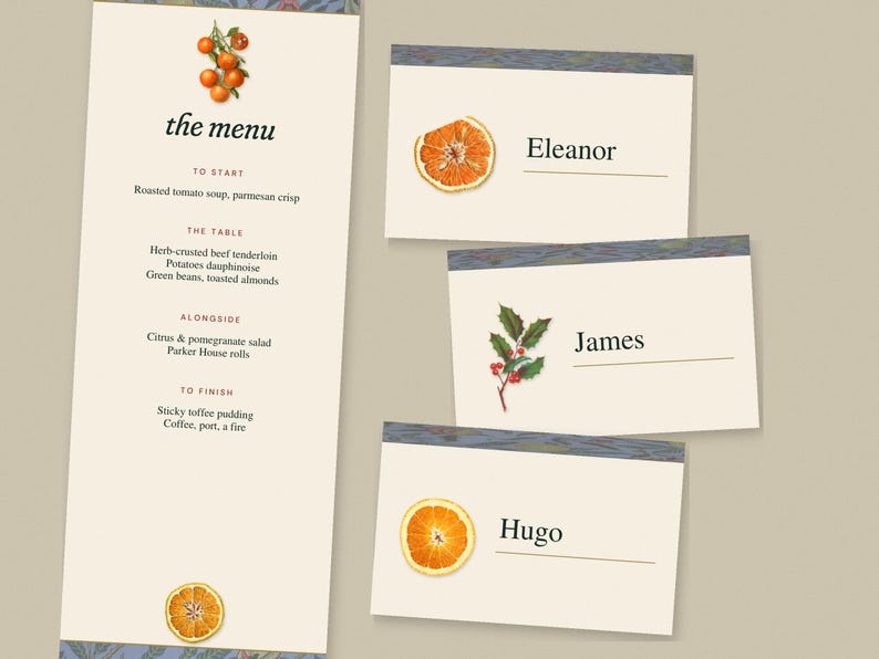 Christmas Dinner Invitation Suite, Editable Printable Invitation Menu Place Cards Gift Tags, Vintage Citrus Holly William Morris image 3
