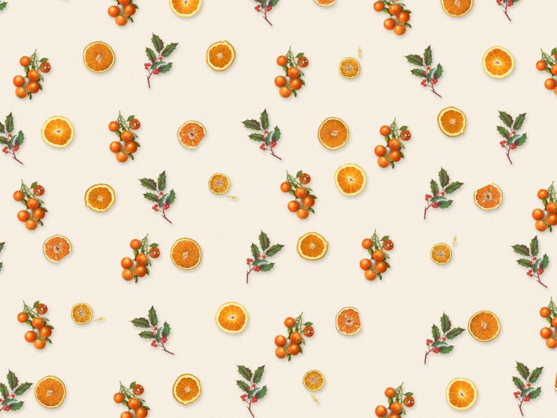 May include: A repeating pattern on a light cream background featuring orange slices, small clusters of whole oranges on stems with green leaves, and sprigs of holly with dark green leaves and small red berries arranged in a grid.