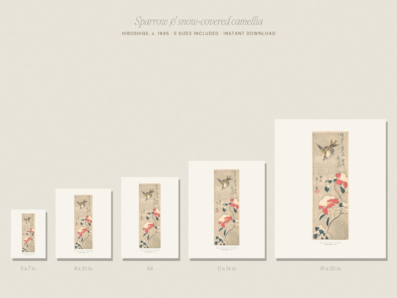 Lámina de gorrión y camelia de nieve de Hiroshige, arte mural japonés vintage de invierno, decoración navideña imprimible, 5x7 8x10 11x14 16x20 A4 imagen 4