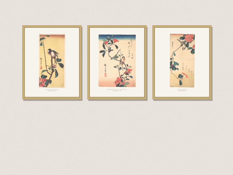 Hiroshige Print Set of 3, Vintage Japanese Bird and Camellia Wall Art, Printable Winter Botanical Prints, 5x7 8x10 11x14 16x20 A4 image 1
