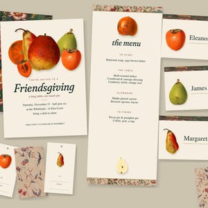 May include: A Friendsgiving stationery set featuring a cream-colored invitation, a tall menu card, three place cards with names Eleanor, James, and Margaret, and two gift tags, all decorated with illustrations of pears and persimmons.
