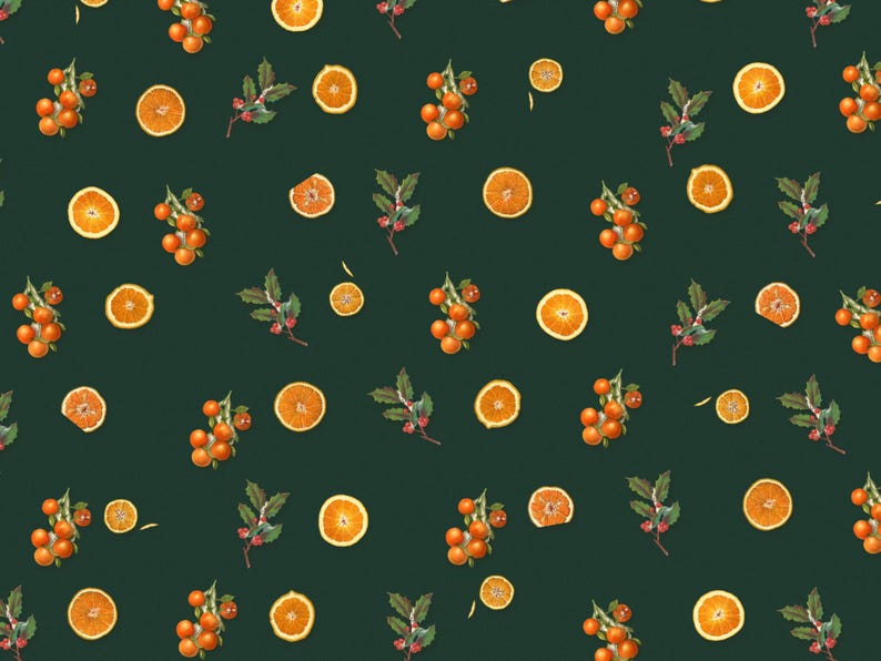 May include: A dark forest green fabric featuring a repeating pattern of bright orange citrus slices, clusters of small round orange fruits on stems, and sprigs of green holly leaves with small red berries scattered throughout the design.