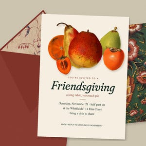 Friendsgiving Invitation Suite, Editable Printable Invitation Menu Place Cards Gift Tags, Vintage Fruit Watercolor, Thanksgiving Dinner