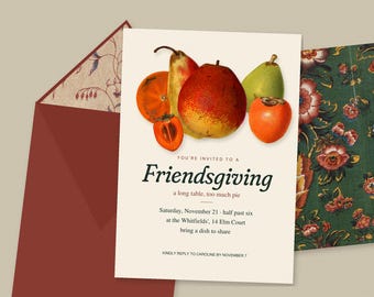 Friendsgiving Invitation Suite, Editable Printable Invitation Menu Place Cards Gift Tags, Vintage Fruit Watercolor, Thanksgiving Dinner