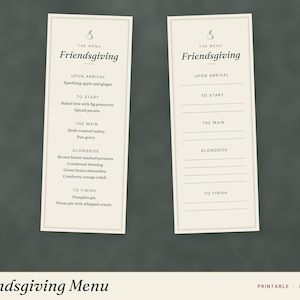 May include: Two vertical cream-colored menu cards with thin borders and a pear icon. One card features printed text for a Friendsgiving meal, while the other contains blank lines for custom entries under headings like Upon Arrival and To Finish.