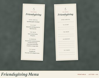 May include: Two vertical cream-colored menu cards with thin borders and a pear icon. One card features printed text for a Friendsgiving meal, while the other contains blank lines for custom entries under headings like Upon Arrival and To Finish.