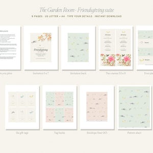 以下が含まれることがあります： The Garden Room Friendsgiving suiteと題されたデジタルステーショナリーセット。招待状、メニュー、席札、ギフトタグ、パターンなど、花や鳥のイラストが描かれたパステルカラーの9ページ構成で、白い紙に印刷されたデザイン。