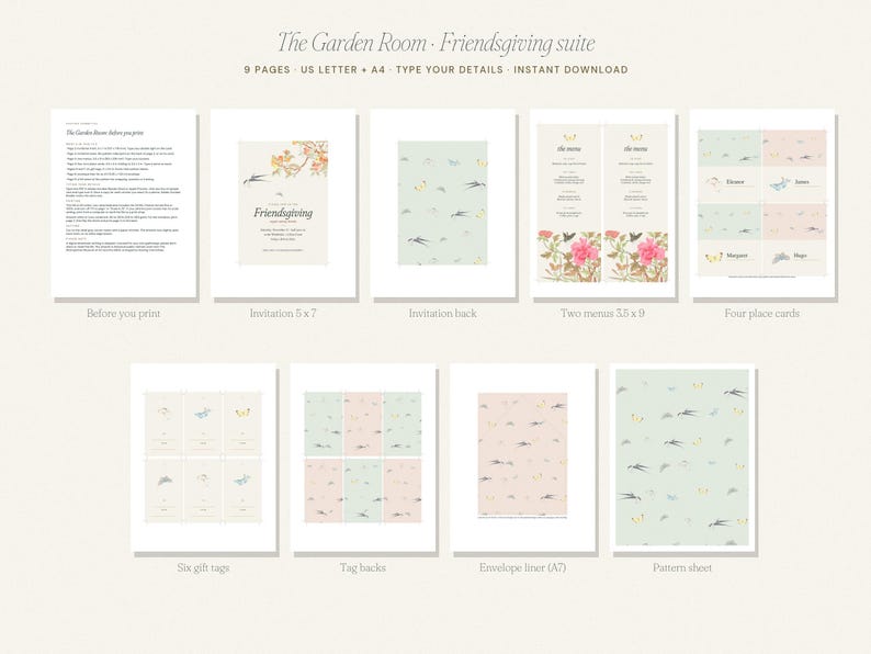 以下が含まれることがあります： The Garden Room Friendsgiving suiteと題されたデジタルステーショナリーセット。招待状、メニュー、席札、ギフトタグ、パターンなど、花や鳥のイラストが描かれたパステルカラーの9ページ構成で、白い紙に印刷されたデザイン。