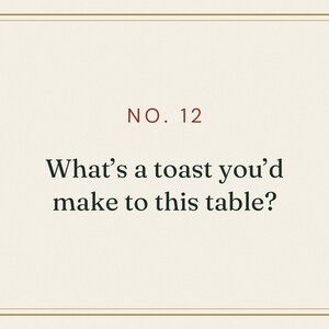 May include: A rectangular card with a cream-colored background and a thin brown border. The text NO. 12 appears in dark red at the top, followed by the black text What's a toast you'd make to this table? centered in the middle of the card.