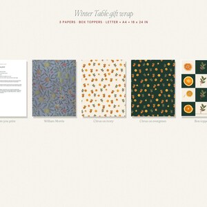 May include: Winter Table gift wrap set including 3 papers and box toppers in Letter, A4, and 18 x 24 inch sizes. The collection features a printed instruction sheet, a blue floral pattern, a citrus print on ivory, a citrus print on evergreen, and a grid of citrus fruit and sprigs.