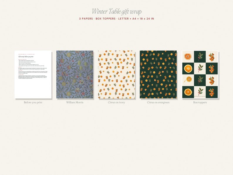 May include: Winter Table gift wrap set including 3 papers and box toppers in Letter, A4, and 18 x 24 inch sizes. The collection features a printed instruction sheet, a blue floral pattern, a citrus print on ivory, a citrus print on evergreen, and a grid of citrus fruit and sprigs.