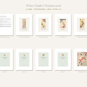 Op de afbeelding: Een set Winter Garden kerstkaarten met vier verschillende ontwerpen met bloemillustraties, seizoensgroeten en bijpassende envelopvoeringen. De collectie bevat een instructieblad, vier kaartvoorkanten, vier kaartachterkanten en een patroonvoering.