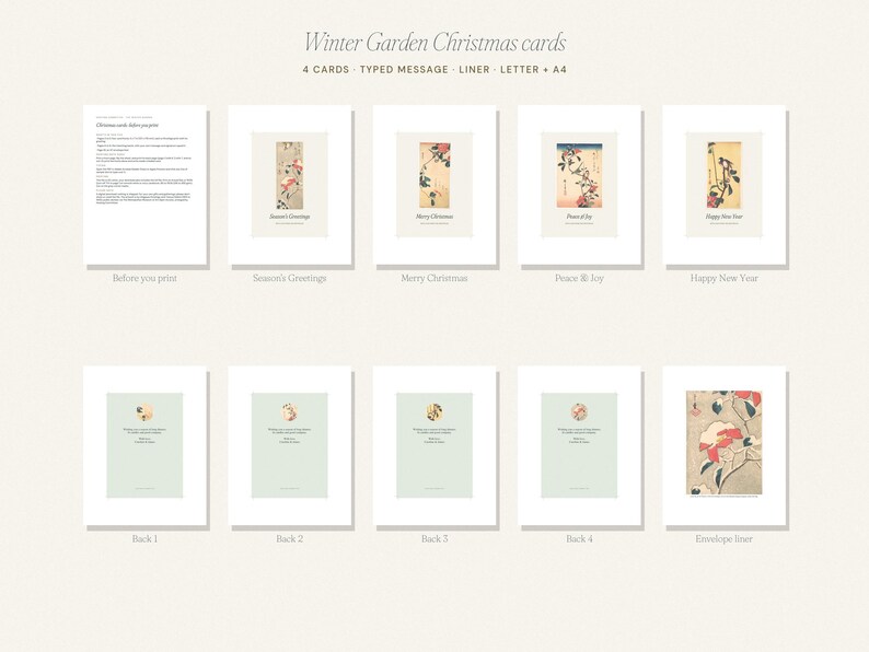 Op de afbeelding: Een set Winter Garden kerstkaarten met vier verschillende ontwerpen met bloemillustraties, seizoensgroeten en bijpassende envelopvoeringen. De collectie bevat een instructieblad, vier kaartvoorkanten, vier kaartachterkanten en een patroonvoering.