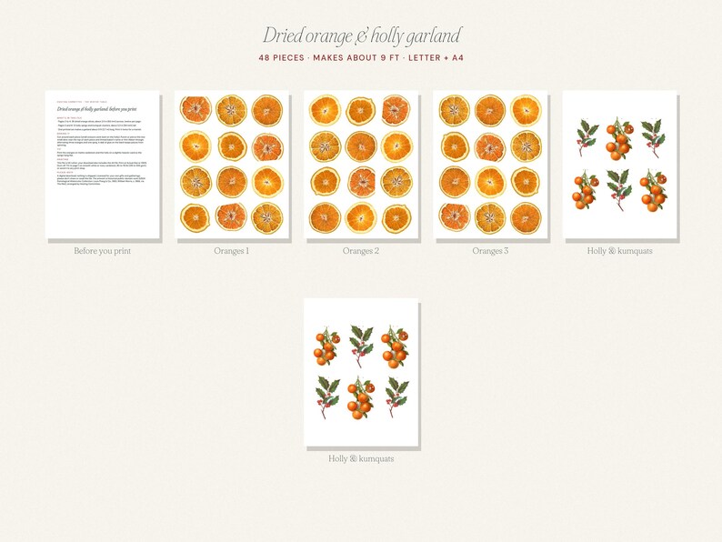 Printable Dried Orange Garland, Paper Christmas Garland with Holly and Kumquats, Vintage Botanical Mantel Decor, Digital Download image 4