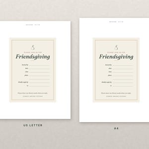 May include: Two Friendsgiving invitation templates in US Letter and A4 sizes. Each features a cream-colored rectangular card with a pear icon, the text Friendsgiving, and blank lines for event details, including hosted by, date, time, place, and RSVP.