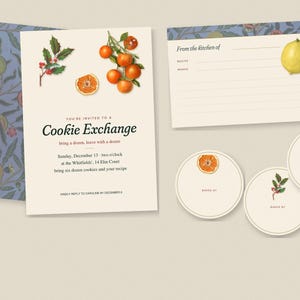 May include: A cookie exchange invitation set featuring a cream-colored card with orange and holly illustrations, text reading Cookie Exchange, a recipe card with a lemon graphic, and three circular tags with fruit and holly motifs.