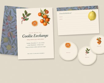 Christmas Cookie Exchange Kit, Editable Cookie Swap Invitation, Recipe Cards, Cookie Box Labels, Voting Cards, Vintage Citrus Holly