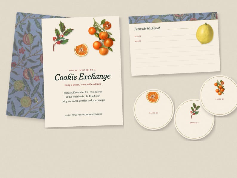 May include: A cookie exchange invitation set featuring a cream-colored card with orange and holly illustrations, text reading Cookie Exchange, a recipe card with a lemon graphic, and three circular tags with fruit and holly motifs.