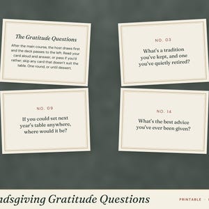 May include: Four rectangular cream-colored cards with thin gold borders featuring black text. The cards display the title The Gratitude Questions and numbered prompts including No. 03, No. 09, and No. 14. The bottom text reads Friendsgiving Gratitude Questions, Printable, Letter, A4.
