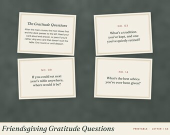 May include: Four rectangular cream-colored cards with thin gold borders featuring black text. The cards display the title The Gratitude Questions and numbered prompts including No. 03, No. 09, and No. 14. The bottom text reads Friendsgiving Gratitude Questions, Printable, Letter, A4.