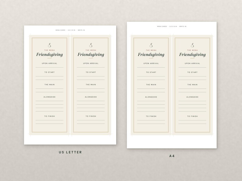 Op de afbeelding: Twee printbare menukaarten voor Friendsgiving, &eacute;&eacute;n gelabeld US Letter en &eacute;&eacute;n A4. Elke kaart bevat twee verticale kolommen met een peertje, de tekst Friendsgiving en lijnen voor de gangen: Upon Arrival, To Start, The Main, Alongside en To Finish.