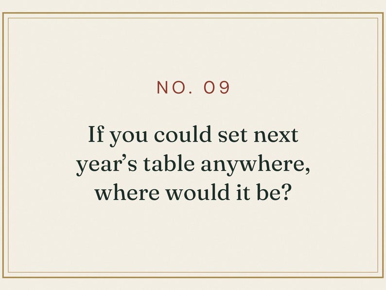 May include: A rectangular card with a cream background and a thin gold border. The text NO. 09 appears in dark red at the top, followed by the black text: If you could set next year's table anywhere, where would it be?