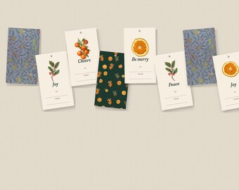 Printable Christmas Gift Tags, Editable To From Tags with Vintage Citrus Holly and William Morris Backs, Instant Download