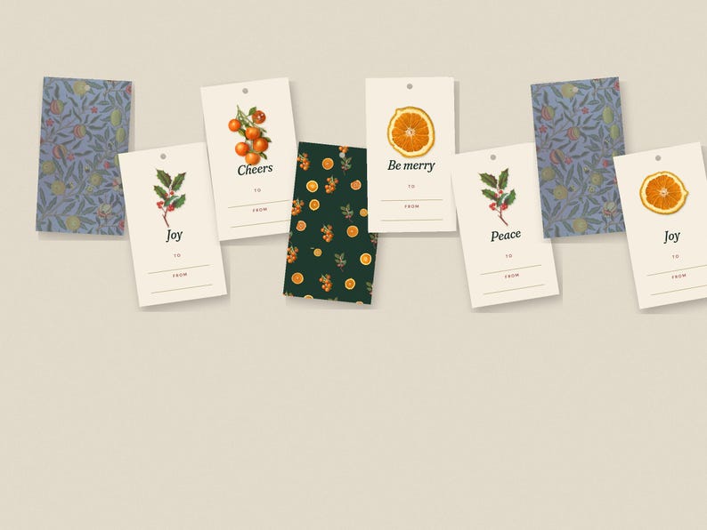 May include: A collection of rectangular gift tags featuring various designs including holly sprigs, orange slices, and citrus branches. Some tags display the text Cheers, Be merry, Joy, or Peace, with lines for To and From. Two tags feature a blue floral pattern.