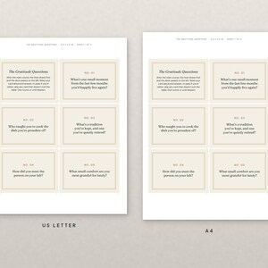 May include: Two printable sheets labeled US Letter and A4, each containing six rectangular cards titled The Gratitude Questions. The cards feature numbered prompts including questions about traditions, small moments, and personal connections.