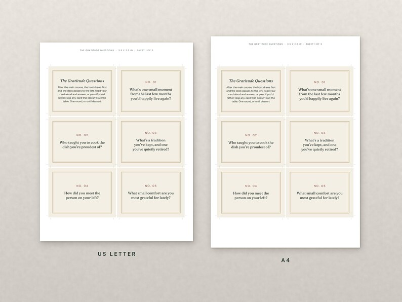 May include: Two printable sheets labeled US Letter and A4, each containing six rectangular cards titled The Gratitude Questions. The cards feature numbered prompts including questions about traditions, small moments, and personal connections.