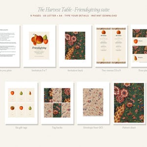 May include: A digital stationery suite titled The Harvest Table Friendsgiving suite, featuring nine pages of printable templates including invitations, menus, place cards, gift tags, envelope liners, and a floral pattern sheet with fruit motifs.