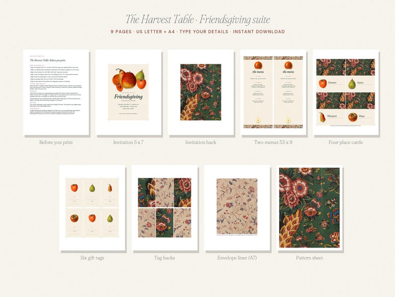 May include: A digital stationery suite titled The Harvest Table Friendsgiving suite, featuring nine pages of printable templates including invitations, menus, place cards, gift tags, envelope liners, and a floral pattern sheet with fruit motifs.