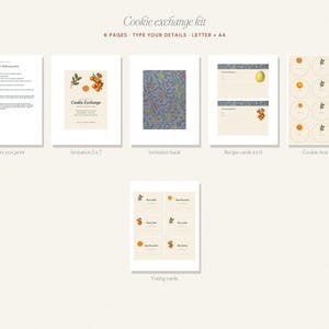 May include: A six-page printable cookie exchange kit featuring an instruction sheet, a 5x7 invitation with orange illustrations, a blue floral pattern invitation back, recipe cards, circular cookie box labels, and voting cards.