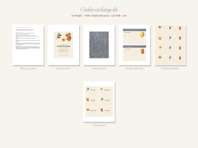 May include: A six-page printable cookie exchange kit featuring an instruction sheet, a 5x7 invitation with orange illustrations, a blue floral pattern invitation back, recipe cards, circular cookie box labels, and voting cards.