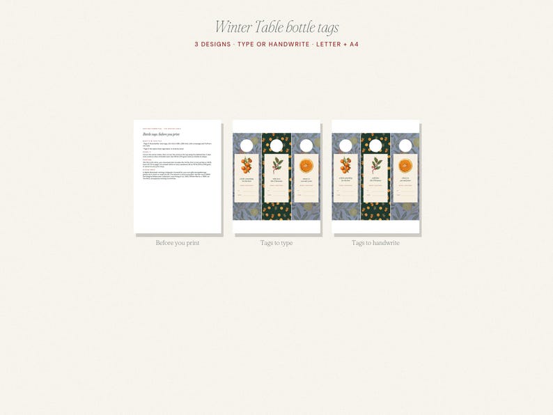 Printable Wine Bottle Tags, Christmas Hostess Gift Tag, Editable Bottle Neck Tag, William Morris & Vintage Citrus, Digital Download image 4