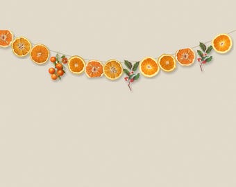 Printable Dried Orange Garland, Paper Christmas Garland with Holly and Kumquats, Vintage Botanical Mantel Decor, Digital Download