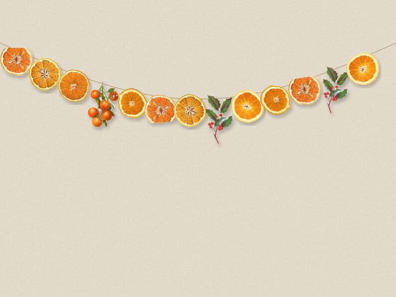 Printable Dried Orange Garland, Paper Christmas Garland with Holly and Kumquats, Vintage Botanical Mantel Decor, Digital Download image 1