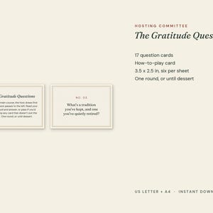 May include: A set of 17 question cards titled The Gratitude Questions, including a how-to-play card. Each card measures 3.5 x 2.5 inches. The text on the cards provides instructions and a sample question numbered 03 about traditions.
