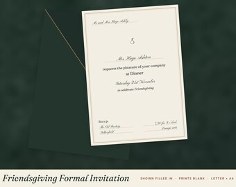 May include: A cream-colored formal invitation card with a thin gold border and black text, featuring a small pear icon. The invitation reads: Mr and Mrs Hugo Ashley, Mrs Hugo Ashton requests the pleasure of your company at Dinner, Saturday 21st November, to celebrate Friendsgiving, R.s.v.p., The Old Rectory, Fotherfield, 7:30 for 8 o'clock, Lounge suits. It is paired with a dark green envelope.