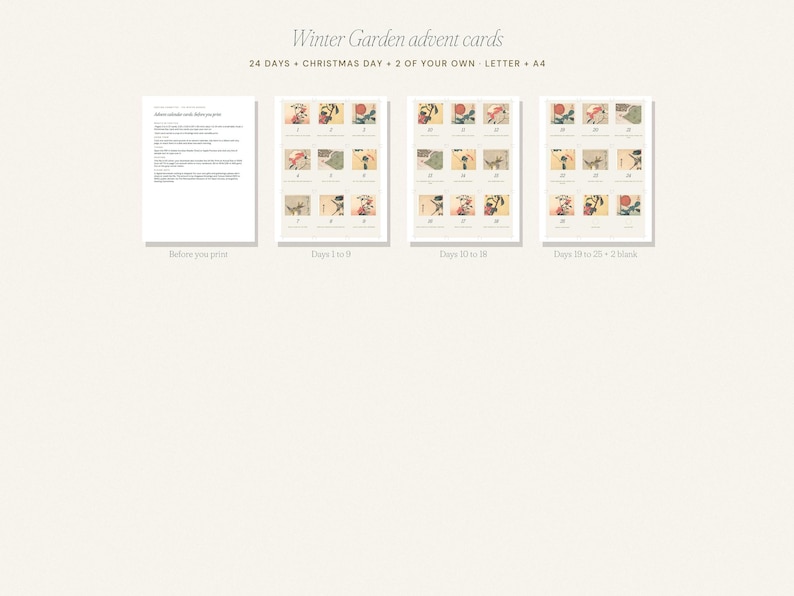 Puede incluir: Un conjunto de tarjetas de Adviento Winter Garden imprimibles que incluyen 24 d&iacute;as m&aacute;s el d&iacute;a de Navidad y dos tarjetas en blanco. Las hojas contienen cuadrados numerados con ilustraciones bot&aacute;nicas en tonos suaves, formato A4 y carta.